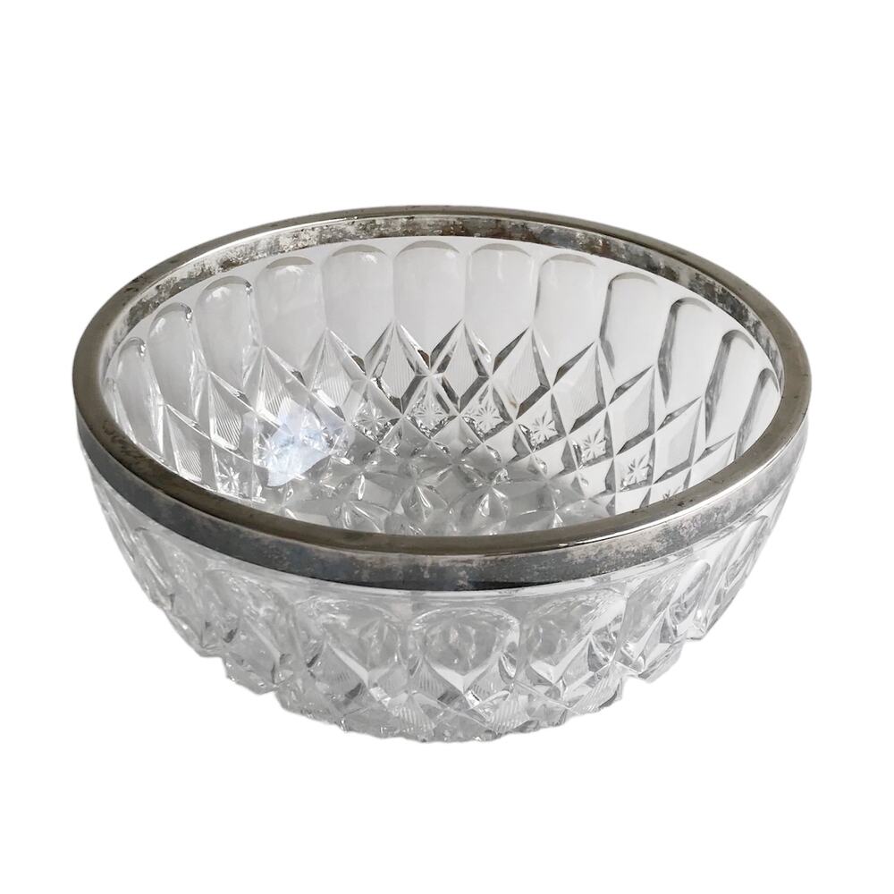 Vintage Cut Lead Crystal Salad Bowl Fruit Bowl Silver Plated Trim Serving MCM